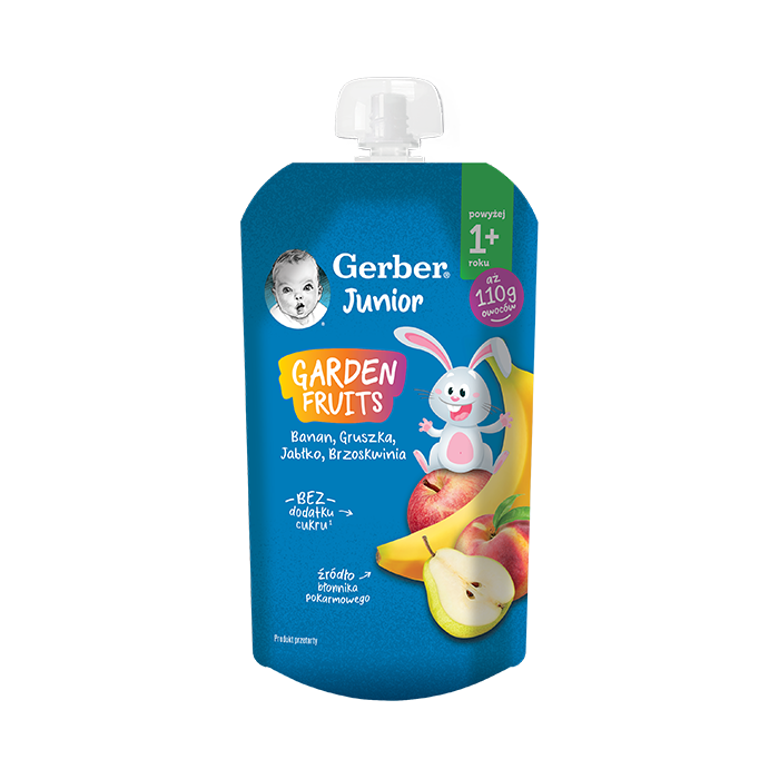Gerber Junior GARDEN FRUITS banan, gruszka, jabłko, brzoskwinia