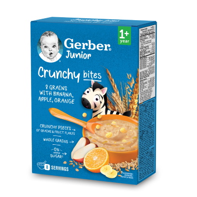 Gerber Junior Crunchy bites Kaszka 8 zbóż  z bananem, jabłkiem  i pomarańczą