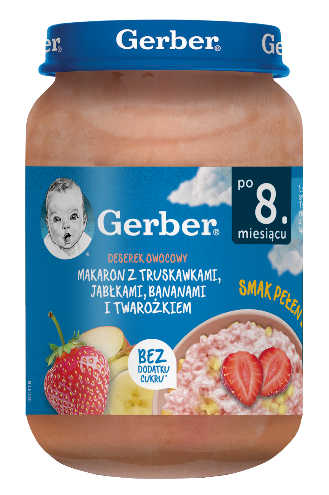 Makaron z truskawkami, jabłkami, bananami i twarożkiem