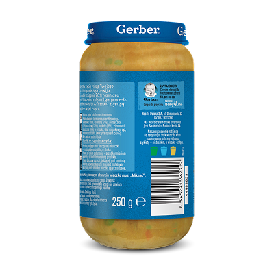 Słoiczek Gerber Junior 250 g z informacjami o składnikach i kodem kreskowym.