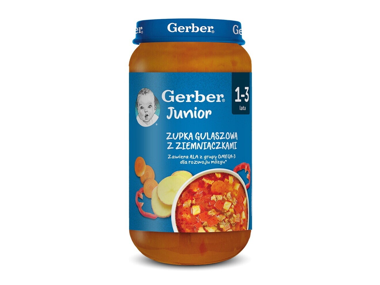 Słoiczek Gerber Junior 1–3 lata, zupka gulaszowa z ziemniakami dla dzieci.