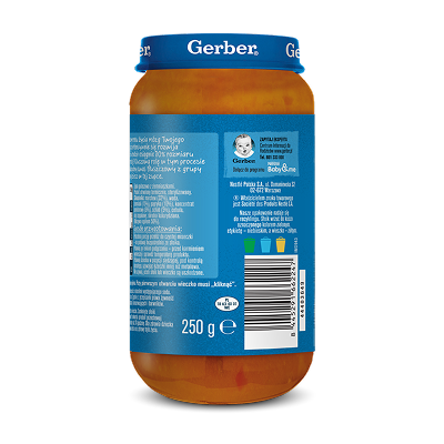 Słoik Gerber Junior 1–3 lata, zupa gulaszowa z ziemniakami dla dzieci, widok z boku