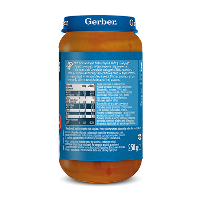 Słoik Gerber Junior 1–3 lata, zupa gulaszowa z ziemniakami dla dzieci, widok z boku