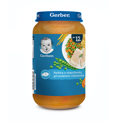 Rybka z marchewką, groszkiem i kluseczkami