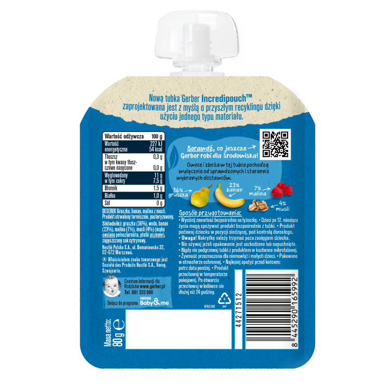Nowa tubka Gerber Incredipouch Gruszka banan malina musli