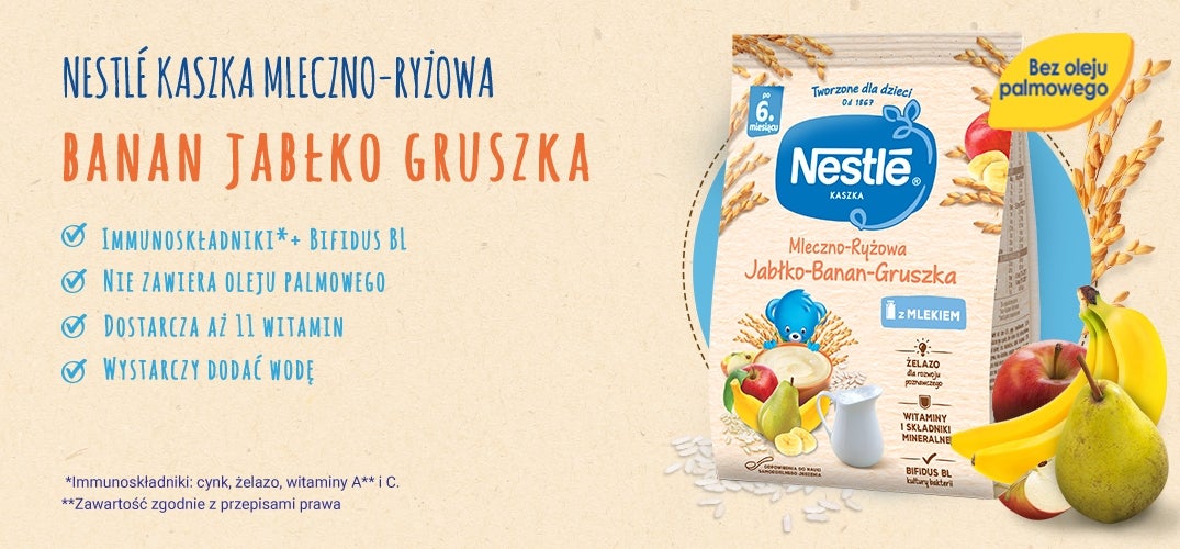 Nestlé Kaszka mleczno-ryżowa Jabłko Banan Gruszka benefity