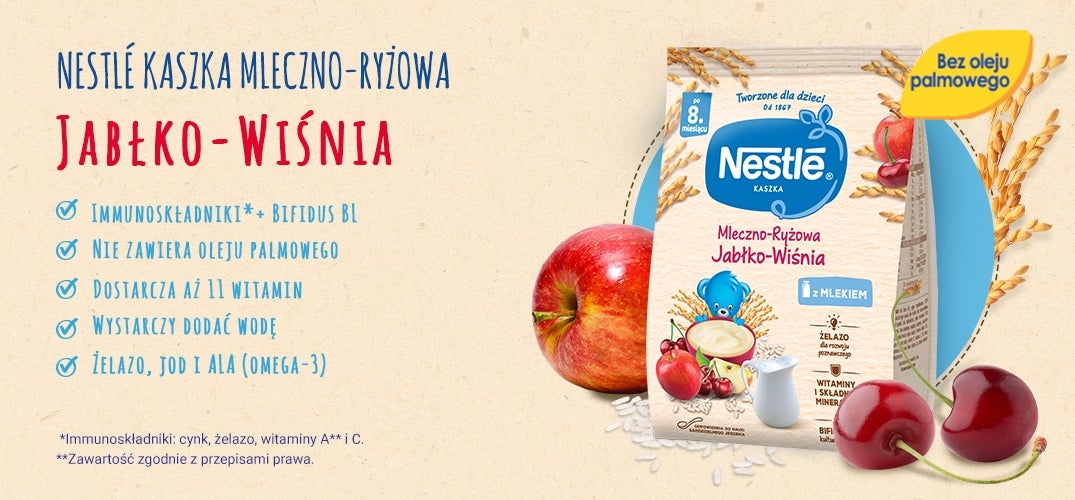 Nestlé Kaszka mleczno-ryżowa Jabłko Wiśnia benefity