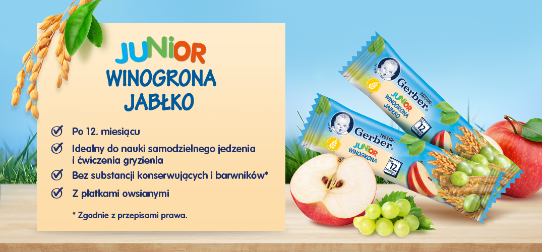 Gerber JUNIOR Batonik owocowo-zbożowy Winogrona jabłko