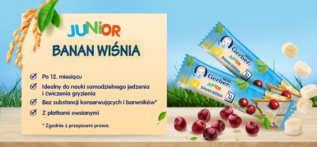 Gerber JUNIOR Batonik owocowo-zbożowy Banan wiśnia baner