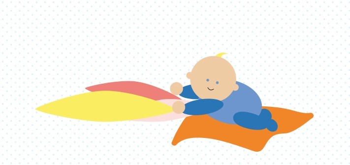 Cartoonish baby playing in pillows and blanket