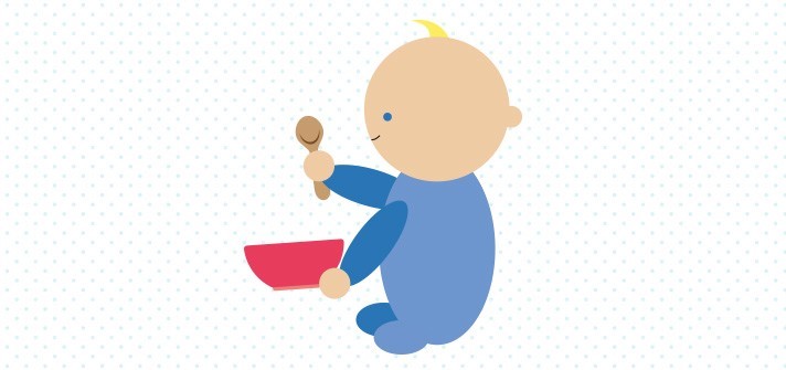 Cartoonish baby playing with spoon and bowl