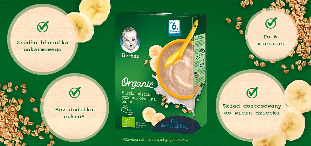 Gerber Organic Kaszka mleczna pszenno-owsiana banan