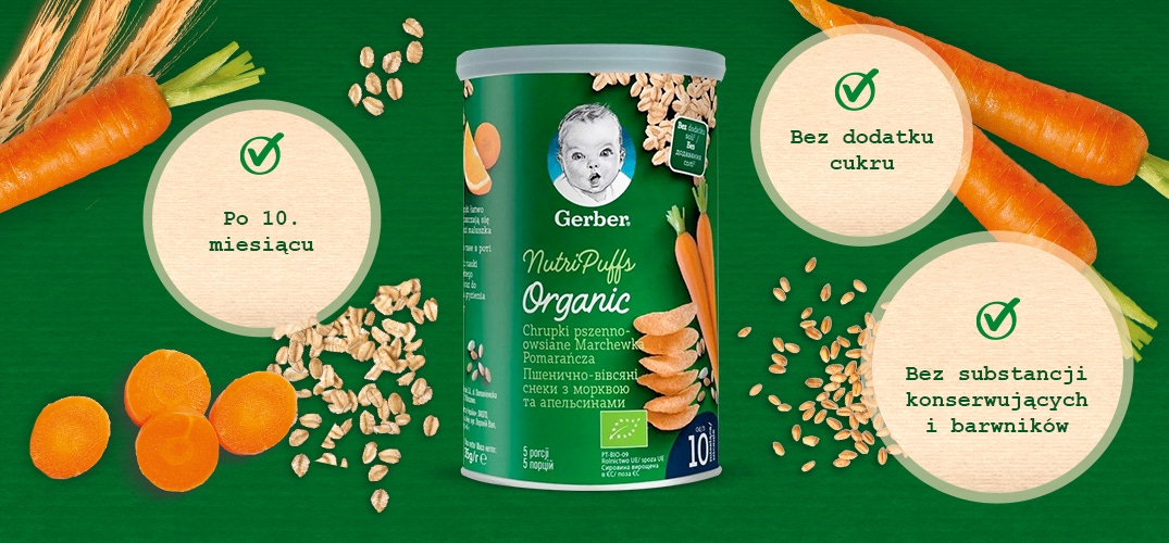 Gerber Organic Nutri Puffs Chrupki pszenno-owsiane Marchewka Pomarańcza banner