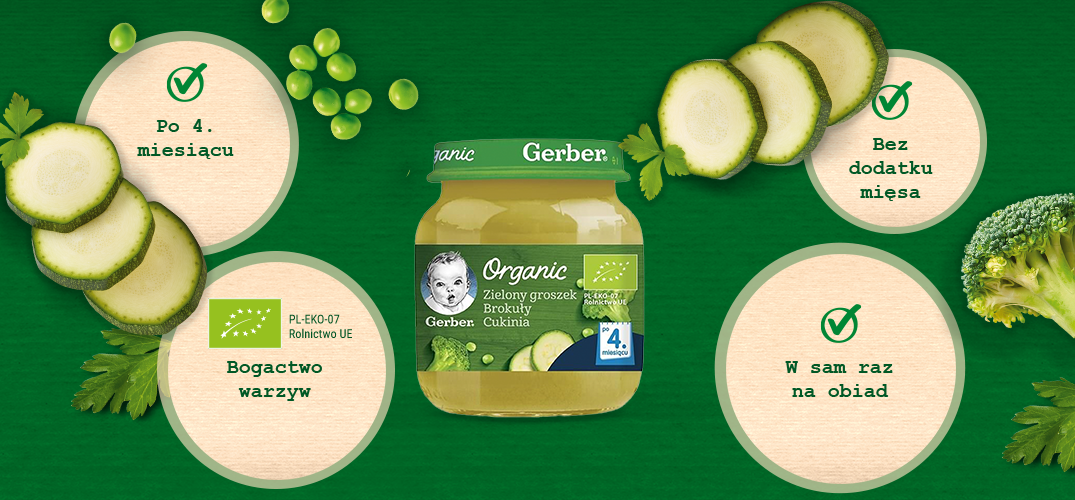 Gerber Organic Zielony groszek brokuły cukinia banner