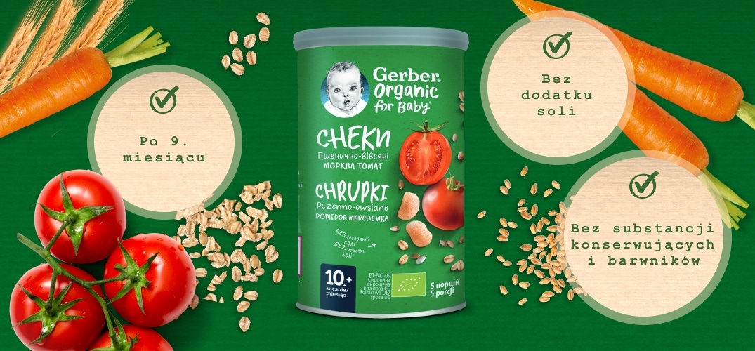 Gerber Organic Nutri Puffs Chrupki pszenno-owsiane Pomidor Marchewka benefity