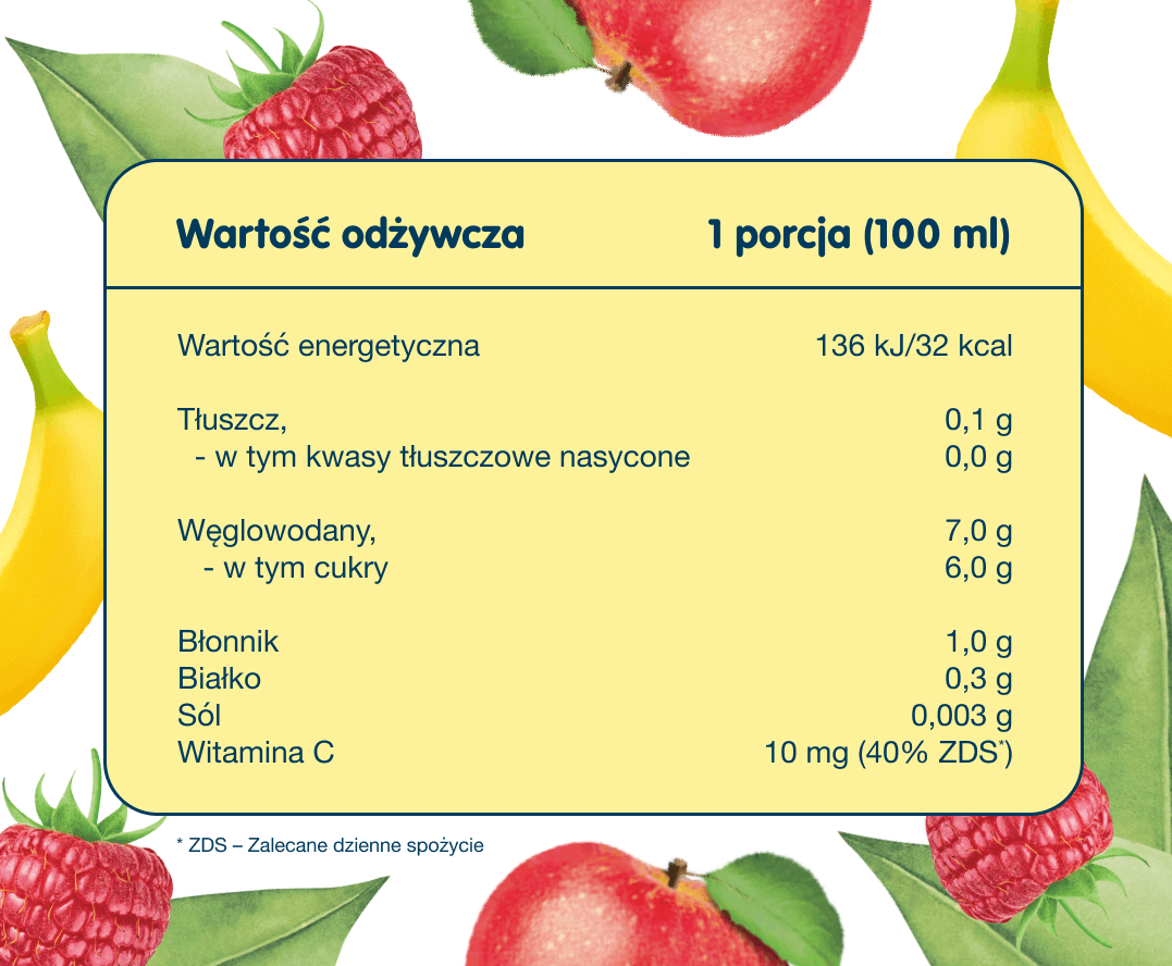 Nektar owocowy jabłko, banan, malina - tabela wartości