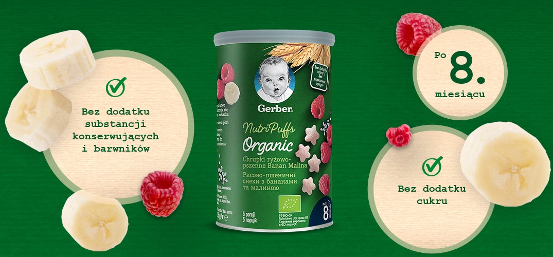 Gerber Organic Nutri Puffs Chrupki ryżowo-pszenne Banan Malina banner