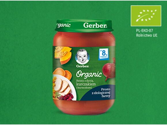 Gerber Organic Bataty z dynią, kurczakiem i buraczkami_