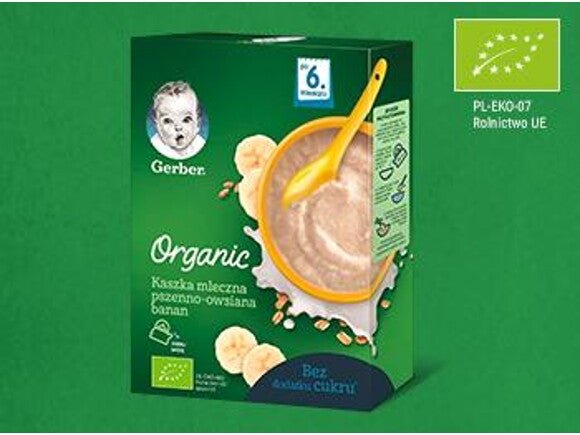 gerber-organic-kaszka-mleczna-pszenno-owsiana-banan-packshot Gerber Organic Kaszka mleczna pszenno-owsiana banan