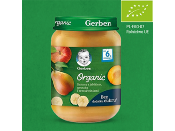 Gerber Organic Banany z jabłkiem, gruszką i brzoskwiniami