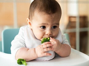 Baby in high chair with a small piece of broccoli.