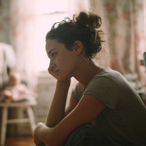 Wyczerpana mama siedząca przy łóżeczku dziecka, która być może cierpi na wypalenie rodzicielskie TITLE: Wypalenie rodzicielskie – wyczerpana mama siedząca przy łóżeczku dziecka | Nestlé FamilyNes