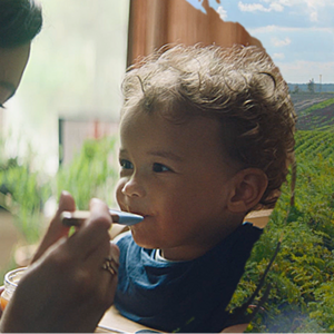 Mother feeding child in sunlit room; Gerber logo overlay on scenic farm backdrop.