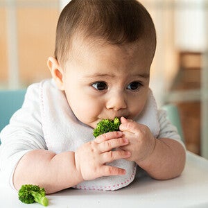 Baby in high chair with a small piece of broccoli.