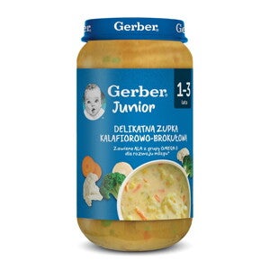 Słoiczek Gerber Junior zupka kalafiorowo-brokułowa dla dzieci 1-3 lat, przód etykiety.