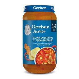 Słoiczek Gerber Junior 1–3 lata, zupka gulaszowa z ziemniakami dla dzieci.