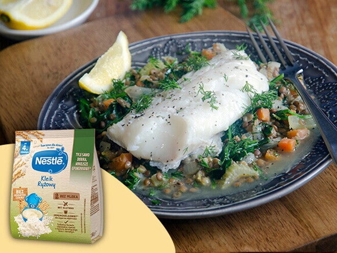 Miętus w bulionie z kurczaka z czerwoną papryką i zieloną soczewicą - po 12. miesiącu