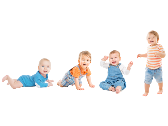 Czworo dzieci na różnych etapach rozwoju: pełzanie, raczkowanie, siadanie i chodzenie