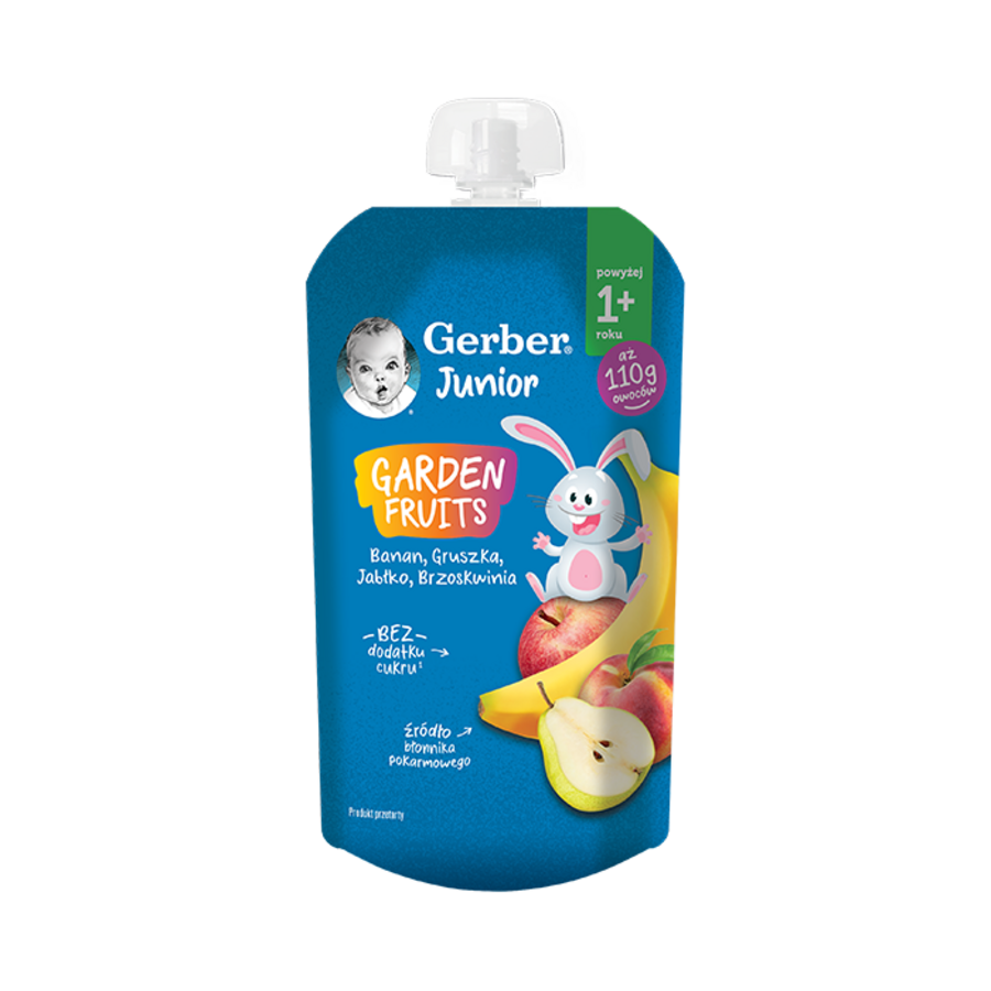 Gerber Junior GARDEN FRUITS banan, gruszka, jabłko, brzoskwinia