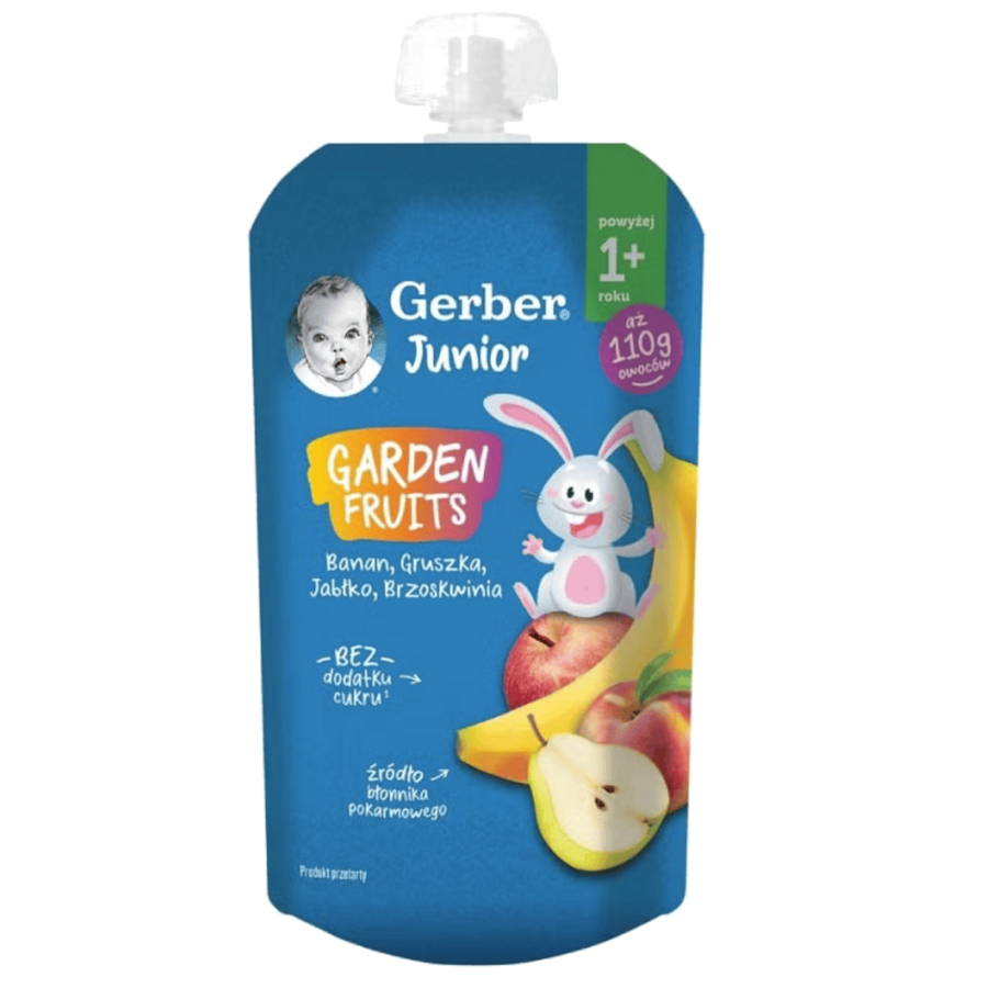 Gerber Junior GARDEN FRUITS banan, gruszka, jabłko, brzoskwinia 