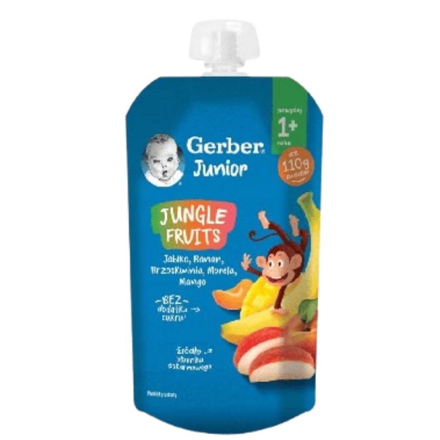 Gerber Junior JUNGLE FRUITS jabłko, banan, brzoskwinia, morela, mango Gerber Junior JUNGLE FRUITS jabłko, banan, brzoskwinia, morela, mango