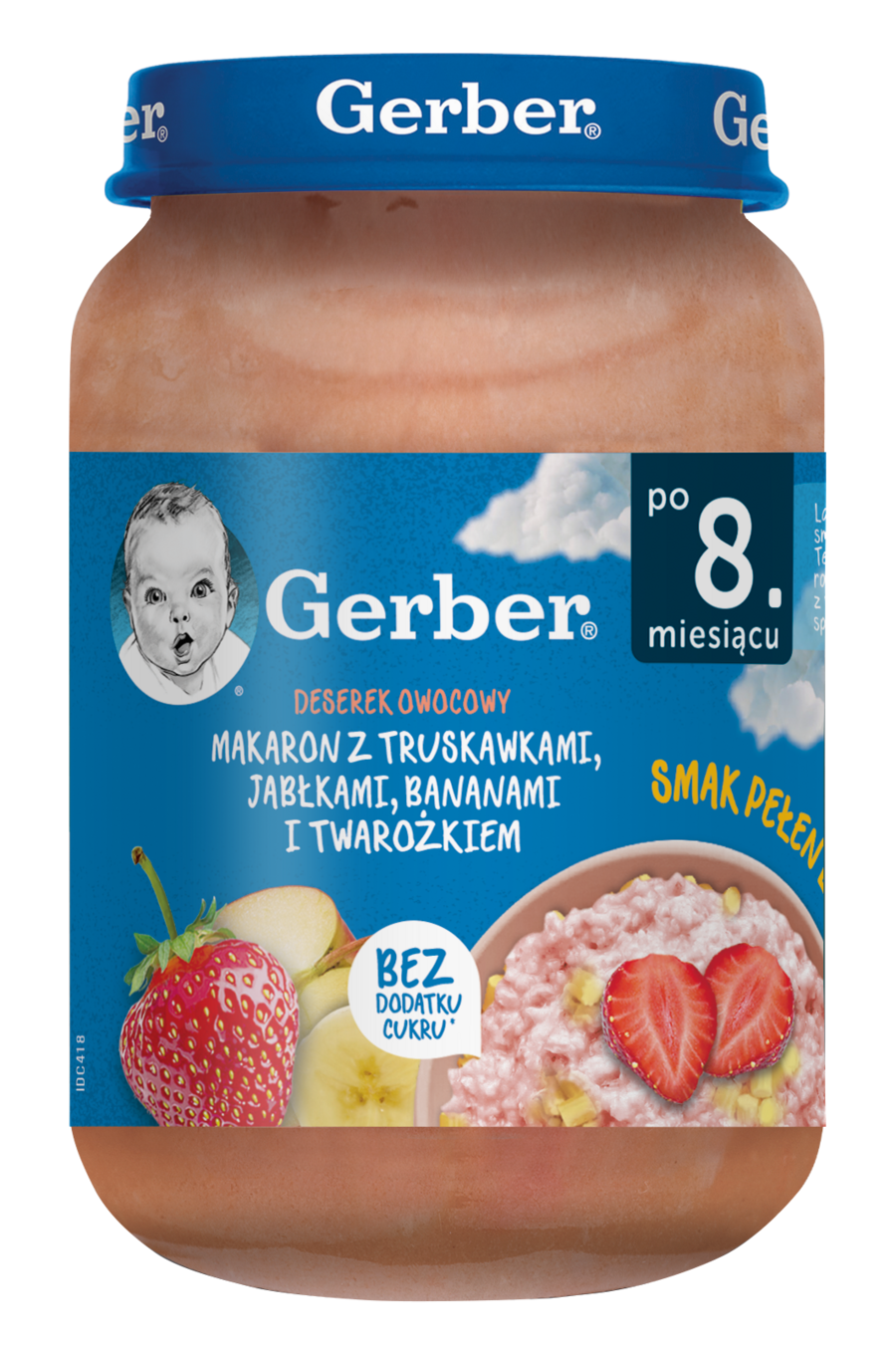 Makaron z truskawkami, jabłkami, bananami i twarożkiem