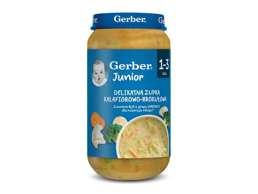 Słoiczek Gerber Junior zupka kalafiorowo-brokułowa dla dzieci 1-3 lat, przód etykiety.