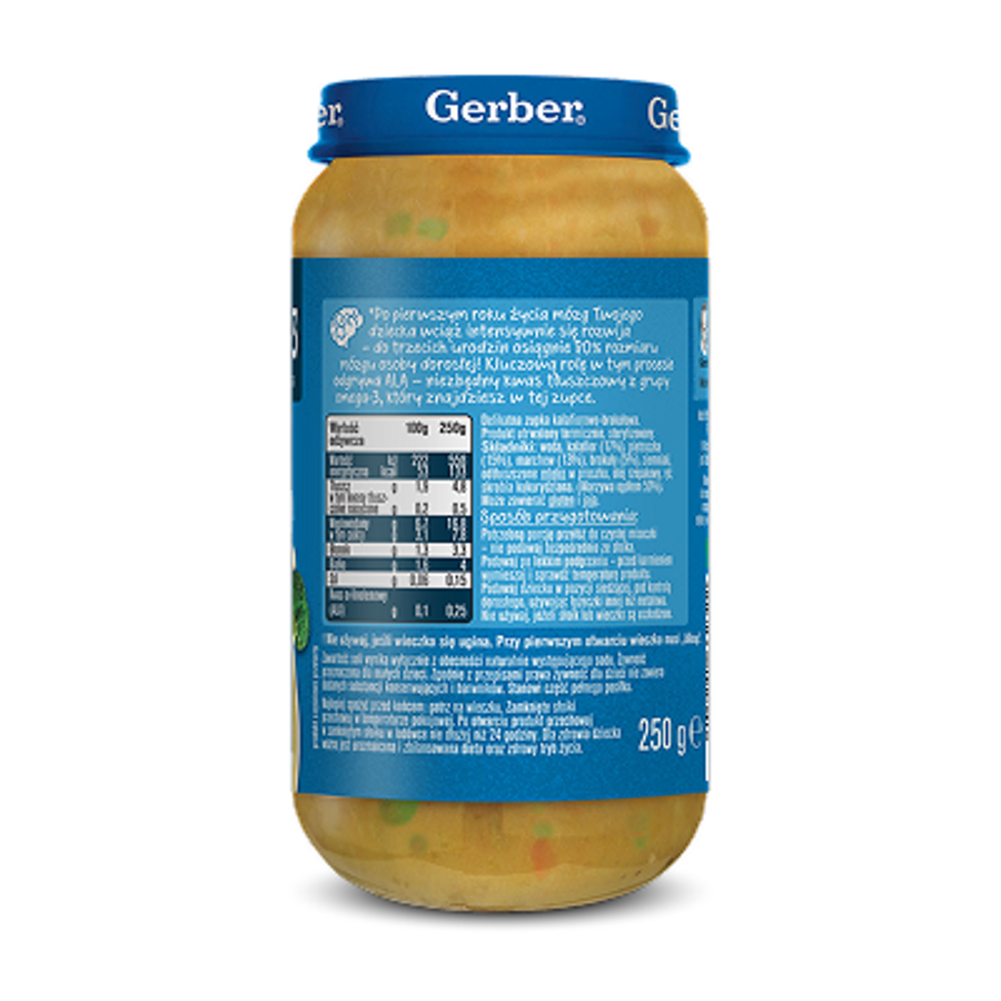 Słoiczek Gerber Junior z wartością odżywczą, opisem produktu i informacjami dla rodziców.