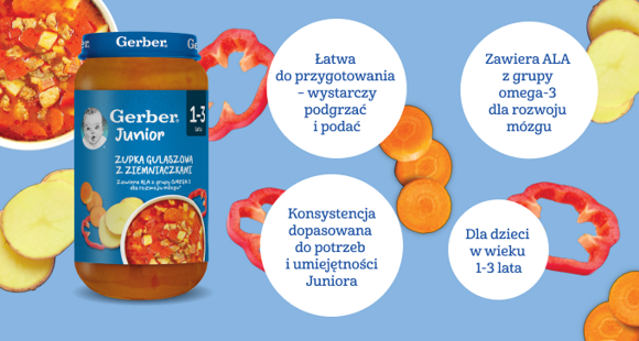 Słoiczek zupy Gerber Junior gulaszowej z ziemniaczkami na tle z warzywami i zaletami produktu.