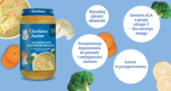 Słoiczek zupy Gerber Junior kalafiorowo-brokułowej z warzywami i informacjami o zaletach produktu.