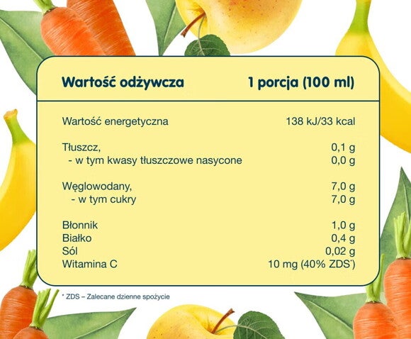Bobo frut Nektar owocowo-warzywny jabłko, banan, marchewka - tabela wartości Bobo frut Nektar owocowo-warzywny jabłko, banan, marchewka - tabela wartości