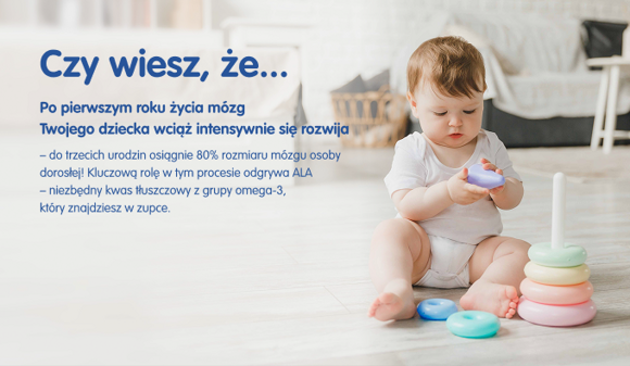 Niemowlę bawi się kolorowymi krążkami, obok tekst o rozwoju mózgu dziecka i roli kwasów omega-3.
