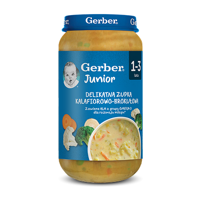 Słoiczek Gerber Junior zupka kalafiorowo-brokułowa dla dzieci 1-3 lat, przód etykiety.