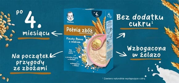Gerber Pełnia Zbóż Kaszka manna z mlekiem - benefity Gerber Pełnia Zbóż Kaszka manna z mlekiem - benefity