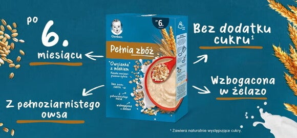 Gerber Pełnia Zbóż Kaszka „Owsianka” z mlekiem - benefity Gerber Pełnia Zbóż Kaszka „Owsianka” z mlekiem - benefity