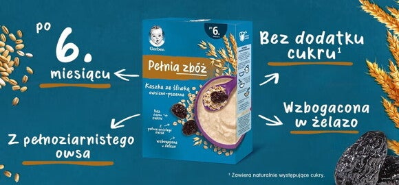 Gerber Pełnia Zbóż Kaszka owsiano-pszenna ze śliwką - benefity Gerber Pełnia Zbóż Kaszka owsiano-pszenna ze śliwką - benefity
