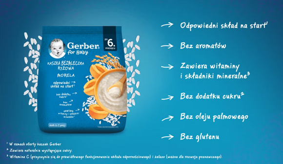 Gerber Kaszka bezmleczna ryżowa Morela zalety produktu Gerber Kaszka bezmleczna ryżowa Morela zalety produktu