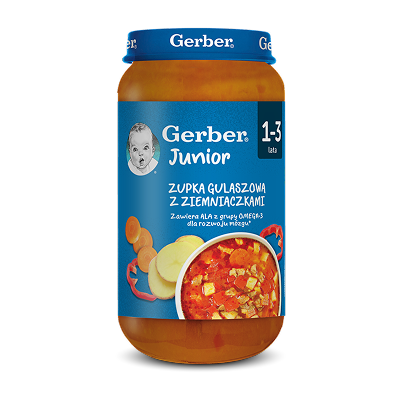 Słoiczek Gerber Junior 1–3 lata, zupka gulaszowa z ziemniakami dla dzieci.