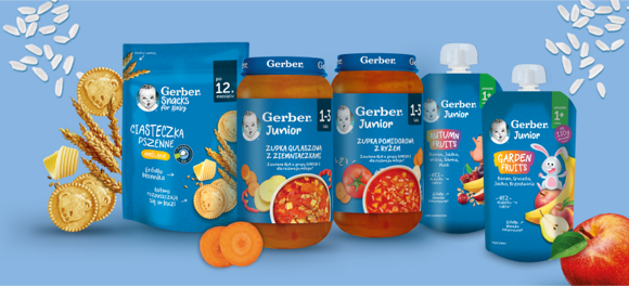 Zestaw produktów Gerber Junior: zupki, ciasteczka pszenne i musy owocowe na niebieskim tle.