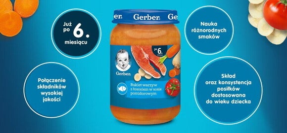 Gerber Bukiet warzyw z łososiem w sosie pomidorowym Gerber Bukiet warzyw z łososiem w sosie pomidorowym